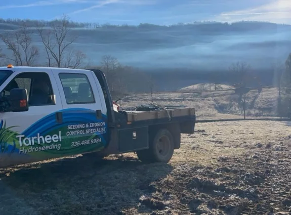 Tarheel Hydroseeding truck at a seeding and erosion-control job site