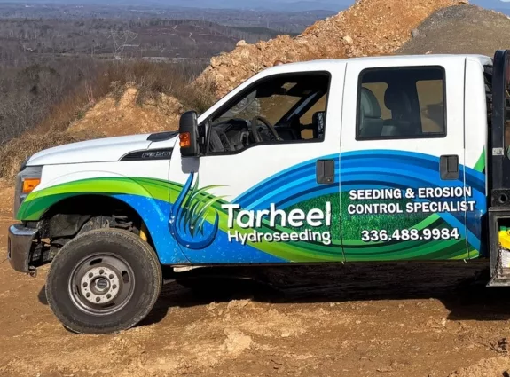Tarheel Hydroseeding work truck at a mountain job site